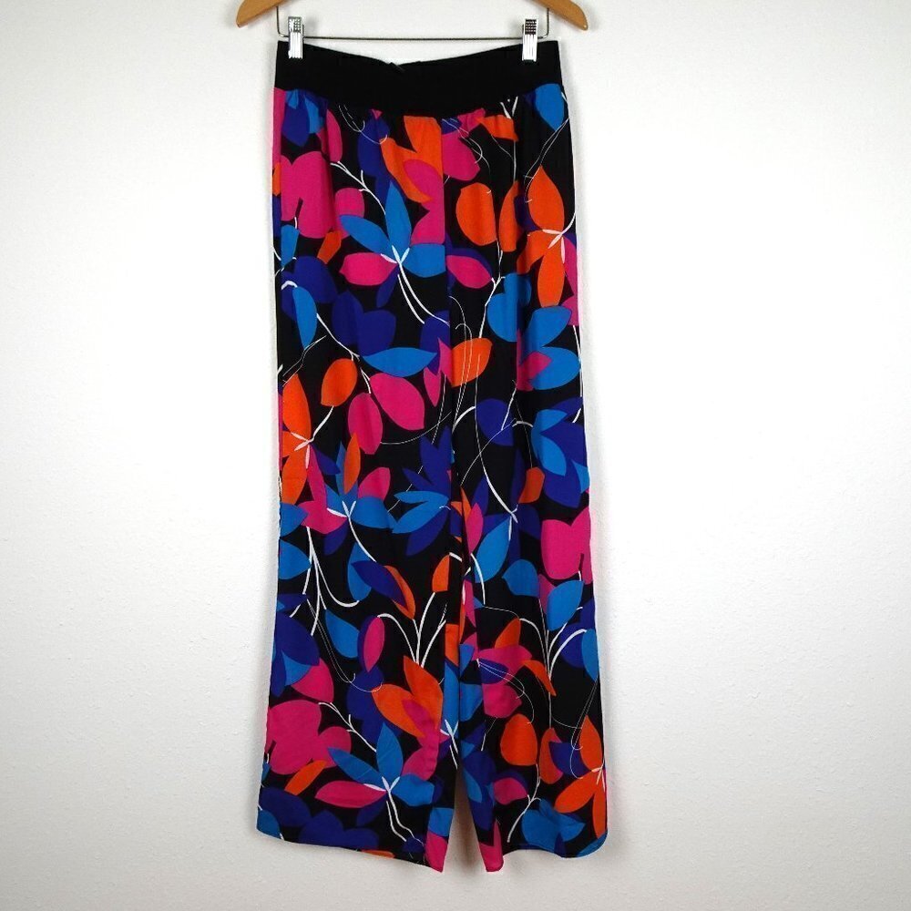 Calvin Klein Wide Leg Pants Women's Size S Colorful Floral Stretch Elastic Waist